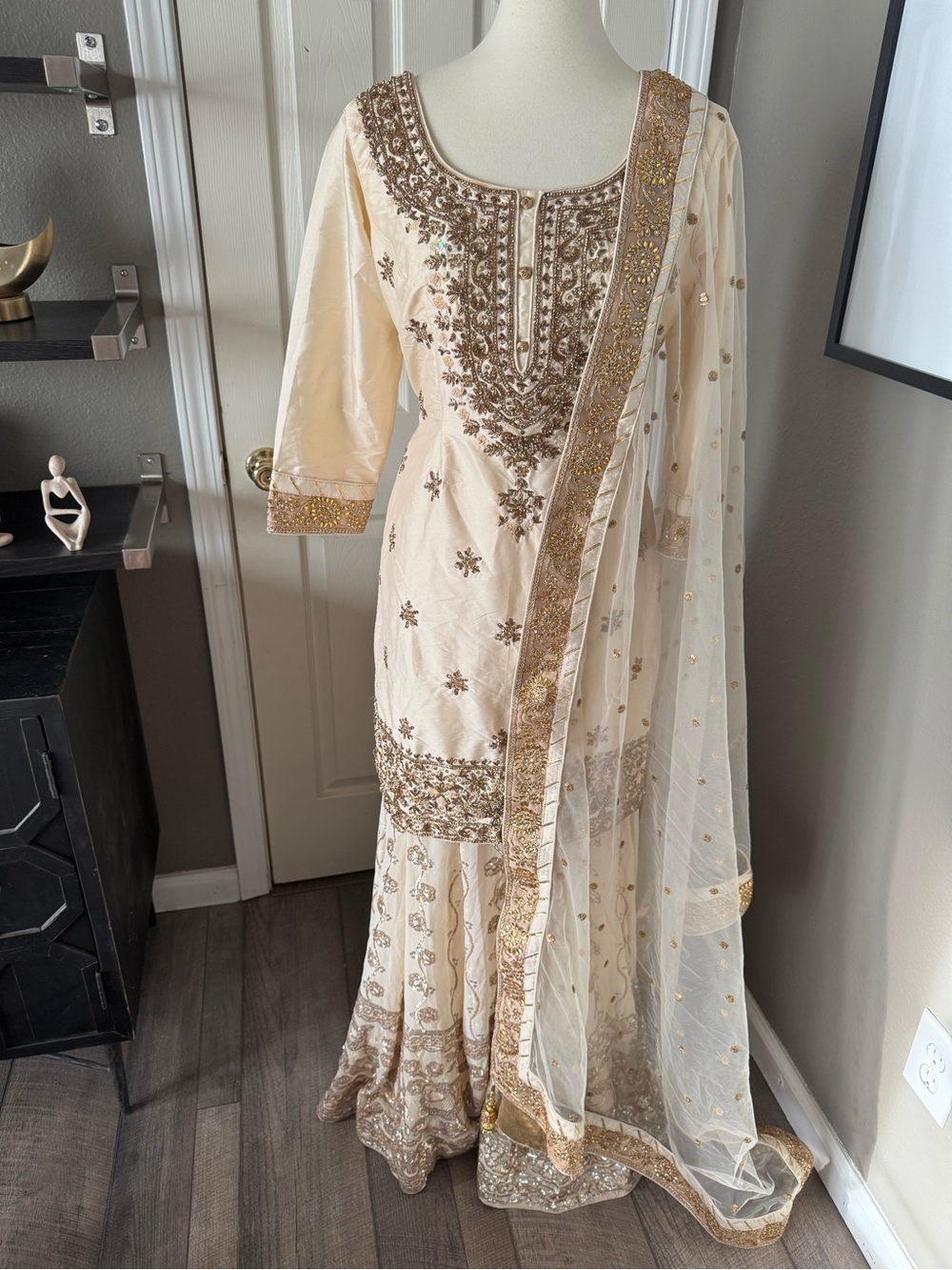 Heavily Embroidered Cream & Gold sharara with Dupatta - broken zipper